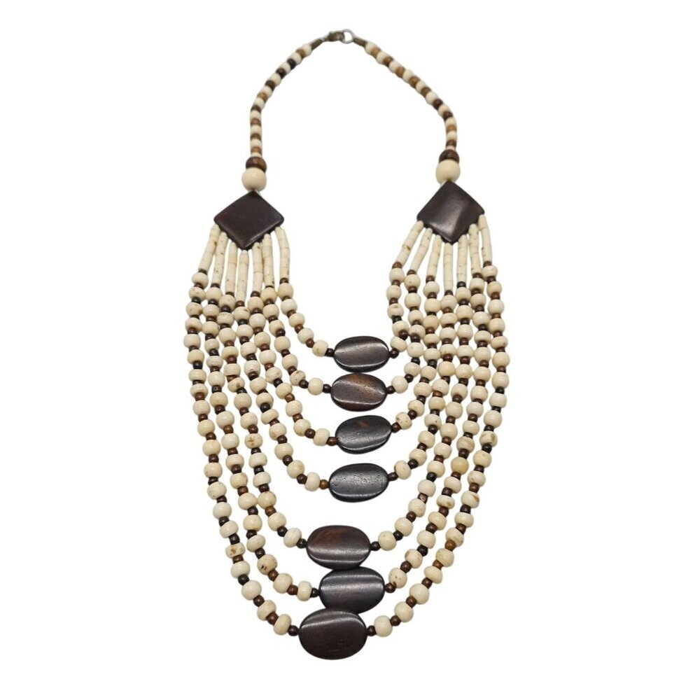 Handcrafted Multi-Strand Wooden Bone Beaded Necklace With Brown Cream Design